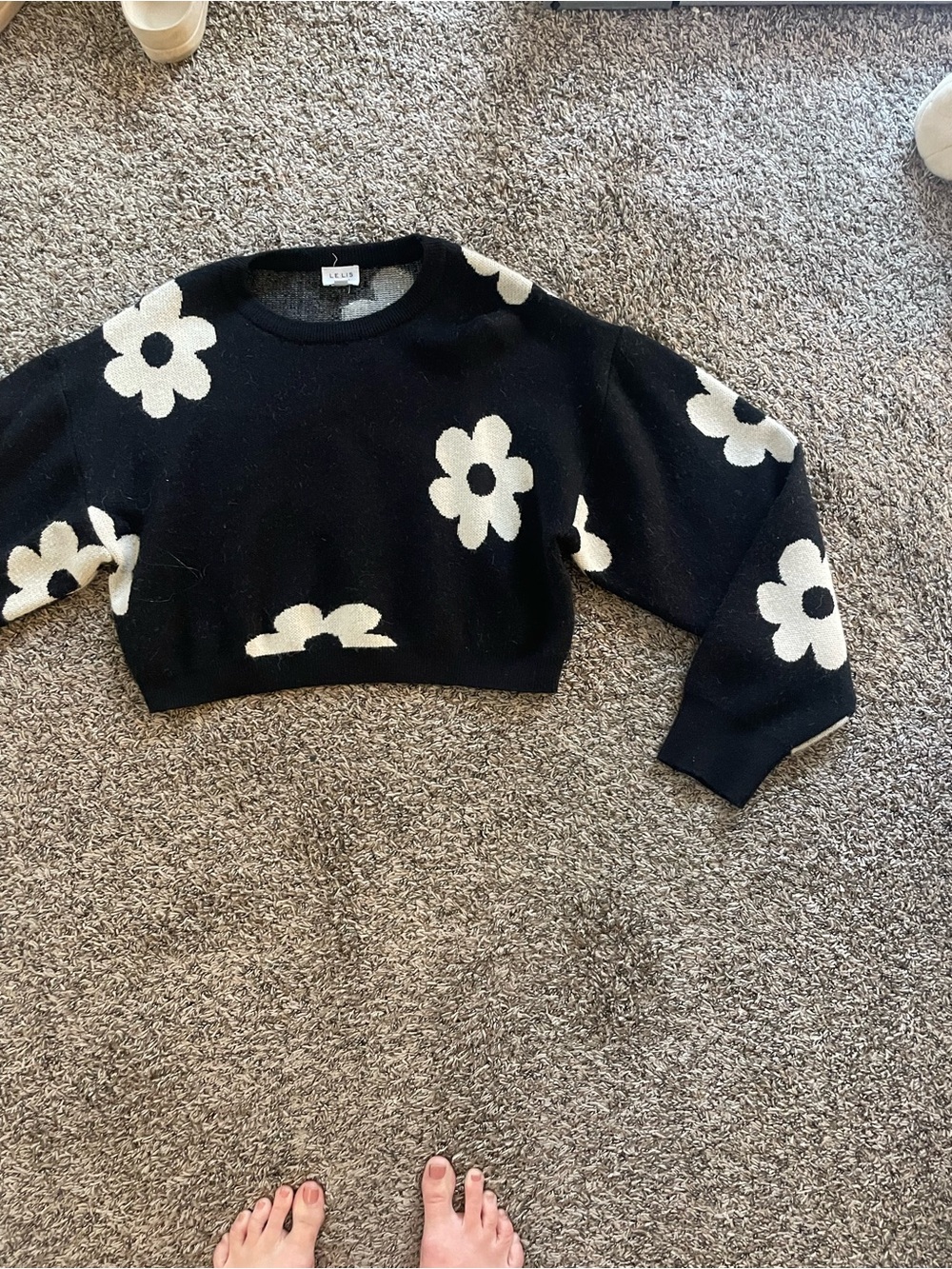 Le Lis Black Sweater with White Floral Motif